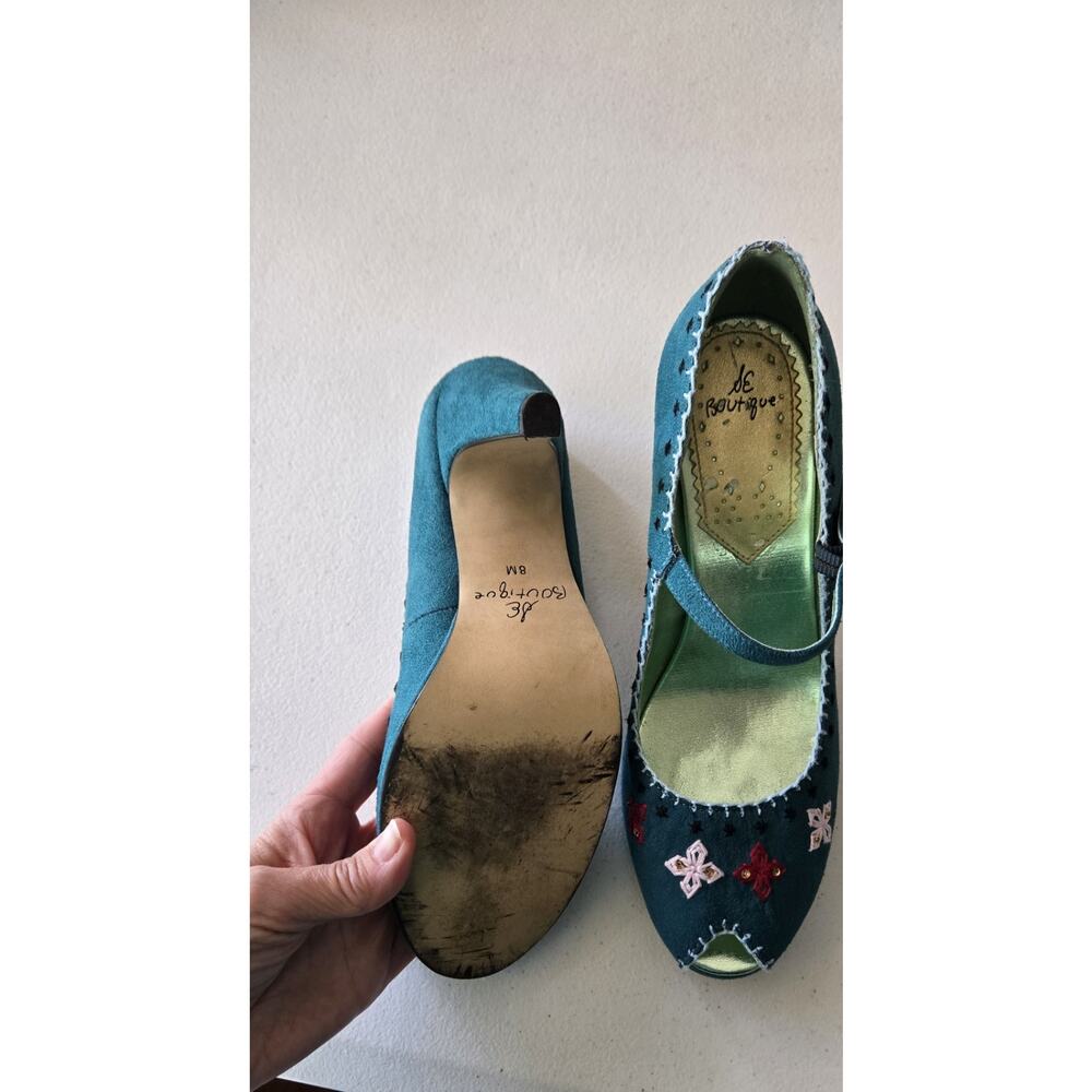 SE Boutique sam edelman green embroidered Peep Toe Rockabilly mary jane heel 8 M - Picture 3 of 7